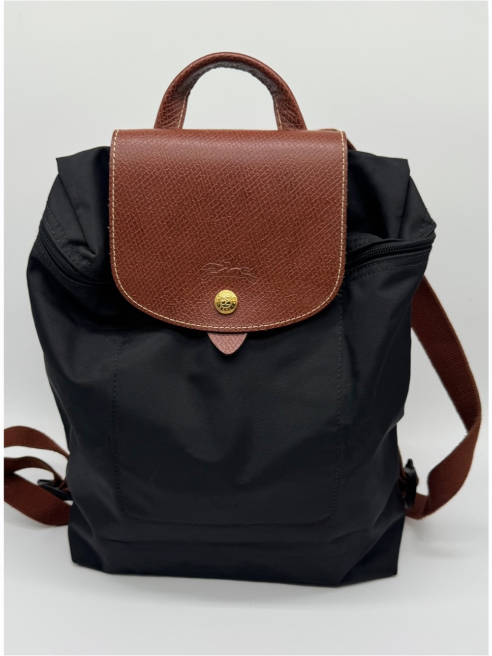 Longchamp Le Pliage Small Backpack Black Nylon Brown Leather Foldover Bag